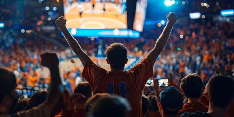 A man in an orange jersey with the number 11 on it is holding his arms up in the air. He is surrounded by a crowd of people who are also cheering. The atmosphere is lively and energetic - obrazy, fototapety, plakaty
