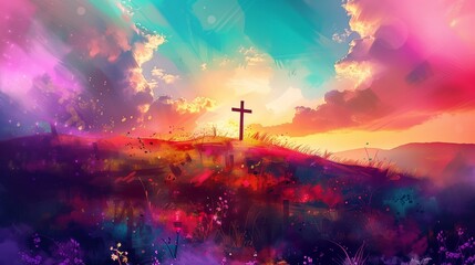 Beautiful landscape with a cross in the background - obrazy, fototapety, plakaty