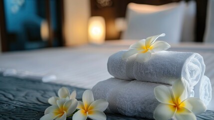 Obraz na płótnie Canvas Hands of hotel maid putting plumeria flower and towels on the bed in the luxury hotel room ready