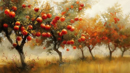 Picture of an apple orchard in golden and red tones. There are six apple trees, each with a different number of apples. Red and yellow apples are scattered on the branches. - obrazy, fototapety, plakaty