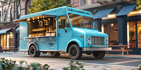 Obraz premium A blue food truck is parked on a city street. The truck is surrounded by tables and chairs, and there are potted plants nearby. The scene has a casual and inviting atmosphere