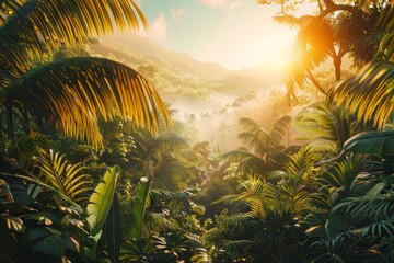 Illustration of a wild tropical jungle in bright colors, the rays of the bright sun penetrate through the palm trees and plants