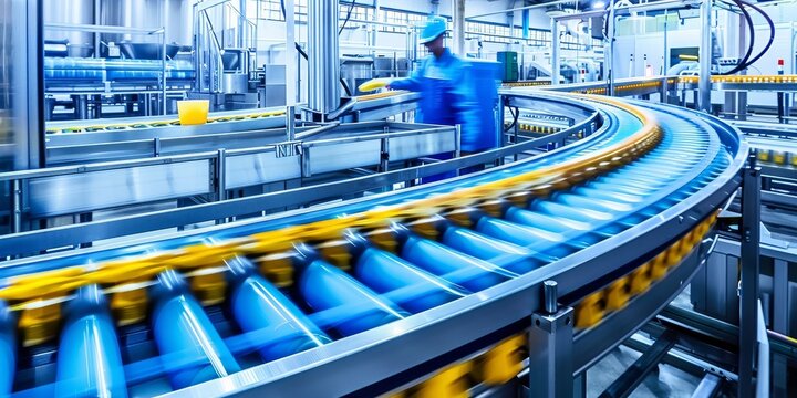 A worker is standing in front of a conveyor belt in a factory