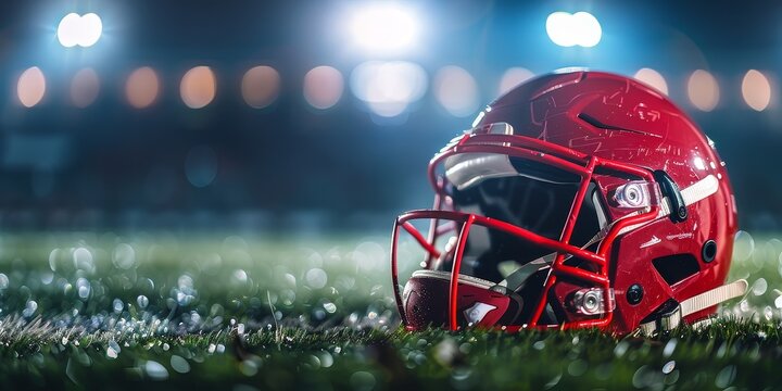 A football helmet is on the field. The helmet is red and is laying on the grass. The field is lit up, giving it a bright and lively atmosphere
