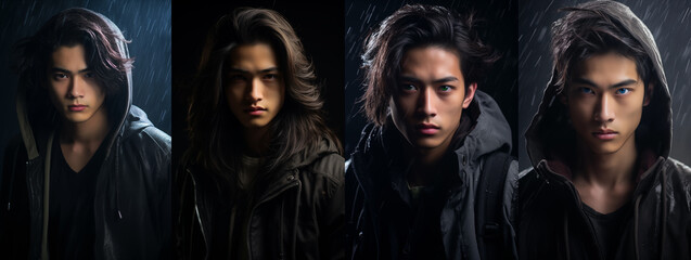 Epic YA fantasy portraits collection featuring handsome asian teens. Urban fantasy. Mysterious handsome male teen. Intense gaze. Cinematic paranormal concept. Blue, green, brown, black eyes. Long hair - obrazy, fototapety, plakaty