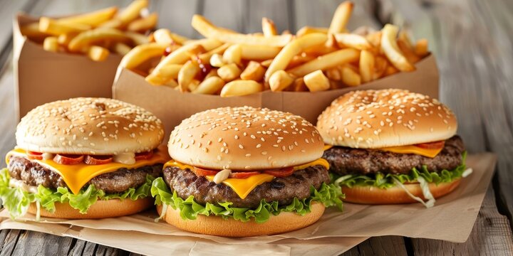 Three hamburgers and three orders of fries are on a table. The hamburgers are all different sizes and are topped with cheese and bacon. The fries are golden and crispy