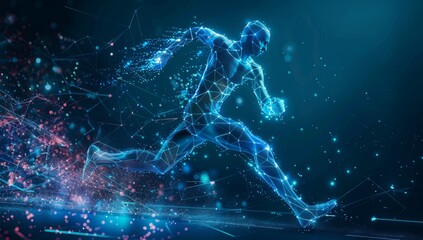 Abstract digital illustration of an athlete running, blue glow lines and dots on a dark background Generative AI