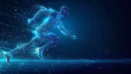 Blue glowing wireframe hologram of an athlete running on dark blue background concept for sport technology and futuristic digital design element Generative AI