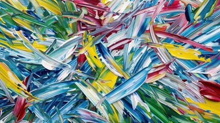 An abstract painting using a variety of colors, mostly in the form of brush strokes.