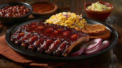 American-style bbq ribs with coleslaw, corn, beans, and onion rings
