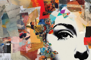 Collage of a womans face surrounded by papers
