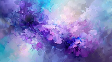 Abstract painting in purple and blue tones. This is a bouquet of flowers with a soft texture. The colors are bright and the brush strokes are visible, giving the painting an impressionistic look. - obrazy, fototapety, plakaty