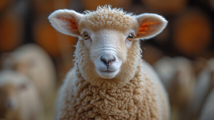 Obraz premium Cute young lambs on pasture, early morning in springspring Lambs in countryside in the sunshine