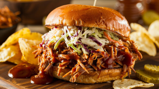 Delicious american pulled pork sandwich with fresh coleslaw and a side of chips