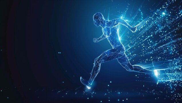 Blue glowing wireframe of an athlete running on a dark blue background, a digital concept for sport training and exercise health care or fitness activity in the style of technology Generative AI