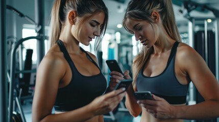 Two fitness women in sportswear standing together in sports club and using smart phone. AI generated - obrazy, fototapety, plakaty
