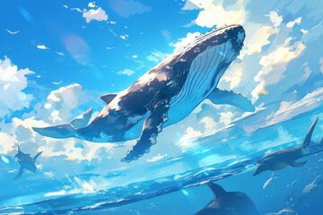 Illustration of a swimming whale in a clear clear blue sky among the clouds