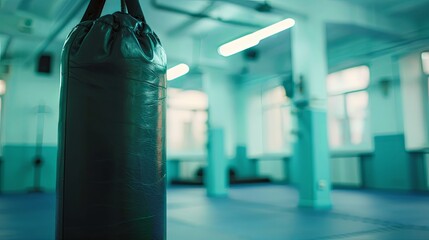Focused shot of a boxing bag in a gym setting.
