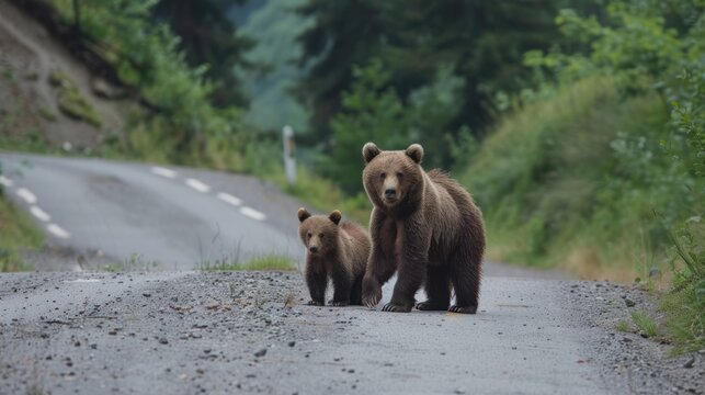 Two young bears came out of the woods to the parking lot in search of thrown out food.