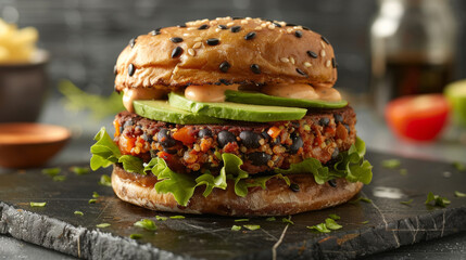 Delicious vegan burger with fresh avocado and black bean patty on a rustic slate