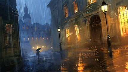 Naklejka premium Picture, a man on the street with a bicycle and an umbrella. The street lights are on and the buildings are old. It's raining and the street is wet.