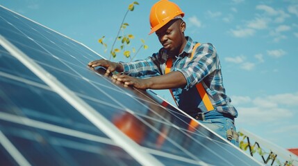 African American technician installing solar panels on a roof