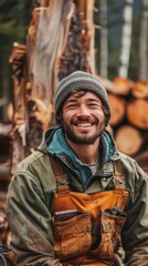 Obraz premium Male lumberjack woodcutter with a saw in his hands against the background of a cut tree