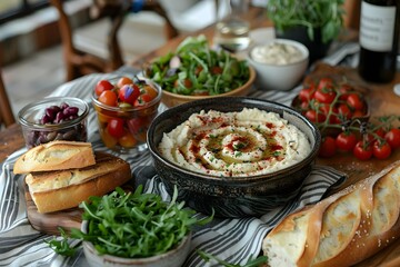 Artisanal Dip Spread with Rustic Breadsticks on Patterned Cloth. Concept Food Styling, Artisanal Dip, Rustic Breadsticks, Patterned Cloth, Tasty Display