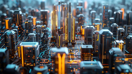 Urban Circuit Board: A night cityscape featuring electronic circuit board-inspired architecture amidst the vibrant lights of Bangkok, Hong Kong, and other Asian metropolises