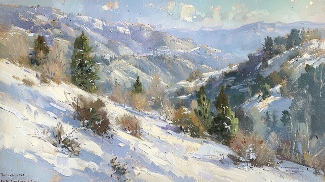 Oil painting of a snowy mountain landscape with trees.
