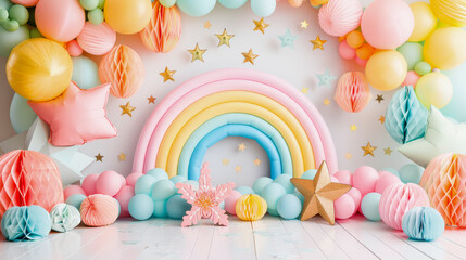 Colorful party background with pastel balloons, stars, paper decorations, and a large rainbow, ideal for a festive celebration.