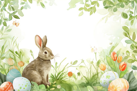 Easter card with colorful eggs and bunnies in watercolor painting style on white background for greeting cards or invitations