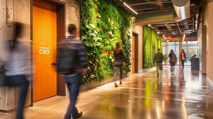 Modern CEO office designed with sustainability in mind, featuring eco-friendly materials, green plants for improved air quality, and energy-efficient lighting