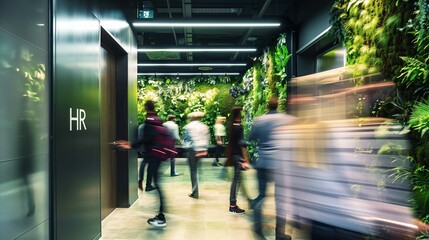 A modern, eco-friendly HR office space with green plants, ergonomic furniture, and digital devices, reflecting a commitment to sustainability and employee well-being in a corporate setting.