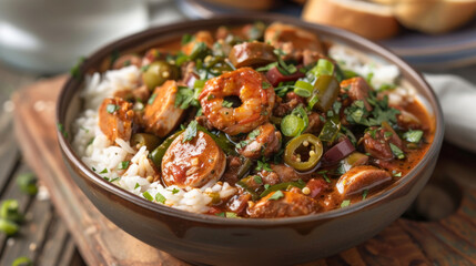 Traditional cajun gumbo with shrimp, sausage, okra, and rice in a bowl - obrazy, fototapety, plakaty