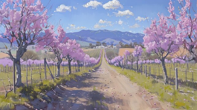 A dirt road surrounded by blooming trees and a fence.