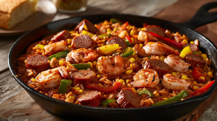 Delicious skillet with cajun shrimp, sausage, and vegetables, perfect for a hearty meal - obrazy, fototapety, plakaty