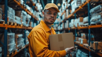 A young man carrying cardboard wrappers works in a warehouse among shelves and shelves. Delivery person with box. Waiter, hat, orange uniform, t-shirt, coat, 