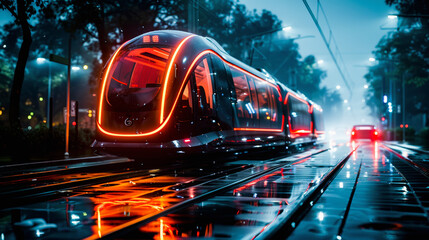 Futuristic tram moving on tracks at night with reflections on wet surface under street lights and misty urban environment.