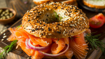 Delicious american breakfast with a bagel, smoked salmon, cream cheese, onions, and capers on top