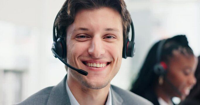 Smile, face or happy man in call center for customer service, tech support or consulting advice. Portrait, agent or friendly consultant in telemarketing, CRM or telecom company in headset for sales