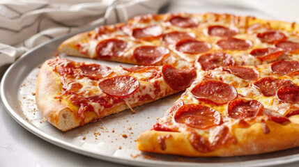 Delicious pepperoni pizza with gooey melted cheese on a metal platter