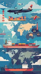 Freight transport, cargo transportation of goods by sea, rail, land and air, transportation and logistics illustration - obrazy, fototapety, plakaty
