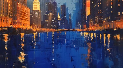 A painting of a cityscape at night, with tall buildings reflected in a river. The sky is a deep blue, and the buildings are lit up in yellows and blues. There is a bridge crossing the river in the dis