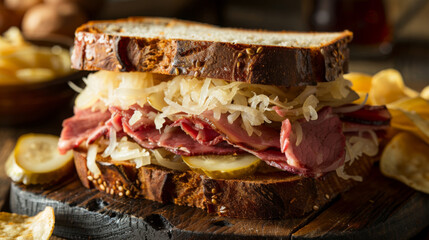 Delicious reuben sandwich with corned beef, swiss cheese, sauerkraut, and rye bread - obrazy, fototapety, plakaty