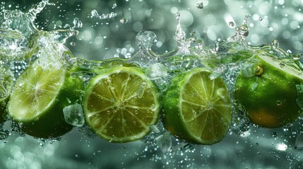 Lime Splash: Citrus in Motion - Limes diving into water, creating a refreshing and dynamic splash.