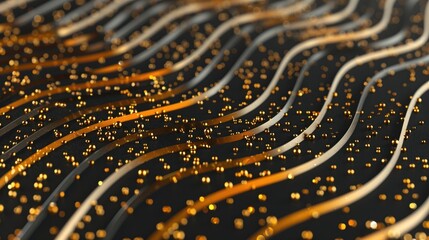 A sleek pattern of flowing golden lines and sparkling particles on a dark background, reminiscent of luxurious digital fabric or a high-tech circuit board.