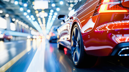 Fototapeta premium Rear view of a modern red car in motion on a brightly lit indoor parking or showroom with blurred lights.