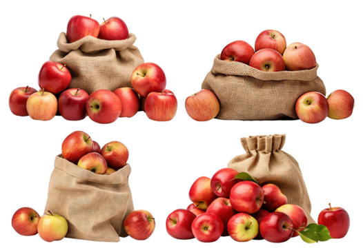 Set of delicious red apples in burlap sacks, cut out