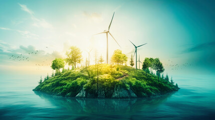 An idyllic floating island with wind turbines among trees, under a soft-lit sky, symbolizing sustainable energy and serene nature. - obrazy, fototapety, plakaty